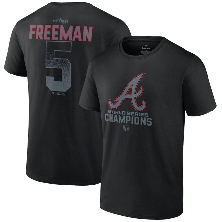 Men's Atlanta Braves #5 Freddie Freeman Black 2021 World Series Champions Name & Number T-Shirt Men's Atlanta Braves #5 Freddie Freeman Black 2021 World Series Champions Name & Number T-Shirt