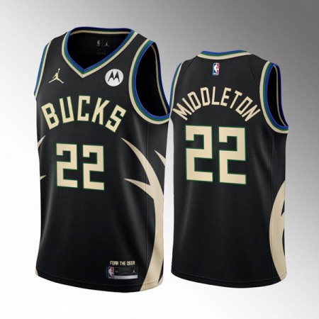 Men's Milwaukee Bucks #22 Khris Middleton 2022/23 Black Statement Edition Stitched Basketball Jersey Men's Milwaukee Bucks #22 Khris Middleton 2022/23 Black Statement Edition Stitched Basketball Jersey