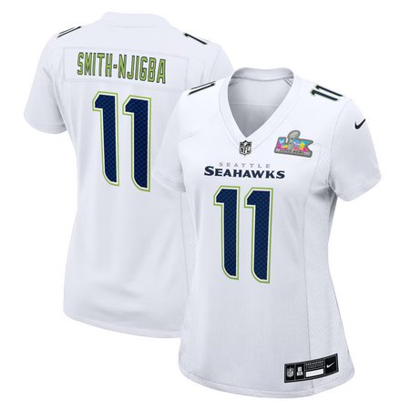Women's Seattle Seahawks #11 Jaxon Smith-Njigba White Super Bowl LX Patch Tundra Fashion Game Jersey