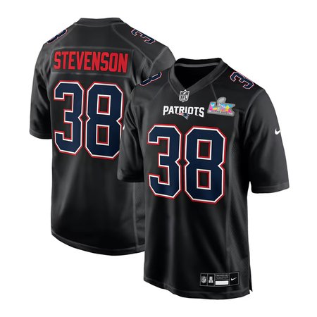 Youth New England Patriots #38 Rhamondre Stevenson Black Super Bowl LX Patch Carbon Fashion Game Jersey