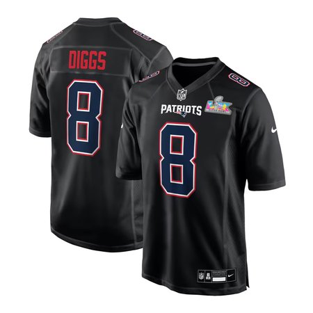 Men's New England Patriots #8 Stefon Diggs Black Super Bowl LX Patch Carbon Fashion Game Jersey
