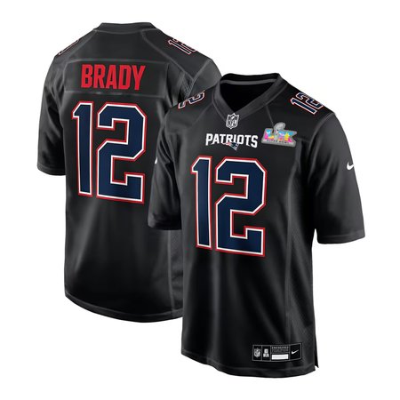 Men's New England Patriots #12 Tom Brady Black Super Bowl LX Patch Carbon Fashion Game Jersey