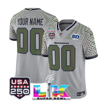 Men's Seattle Seahawks Custom Gray Super Bowl LX Patch 50th Season & USA 250' Patch Rivalries Collection Vapor F.U.S.E. Limited Jersey
