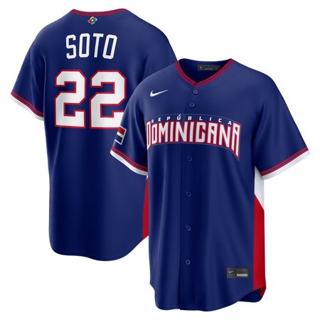 Men's Dominican Republic Baseball #22 Juan Soto Royal 2026 World Baseball Classic Road Stadium Jersey