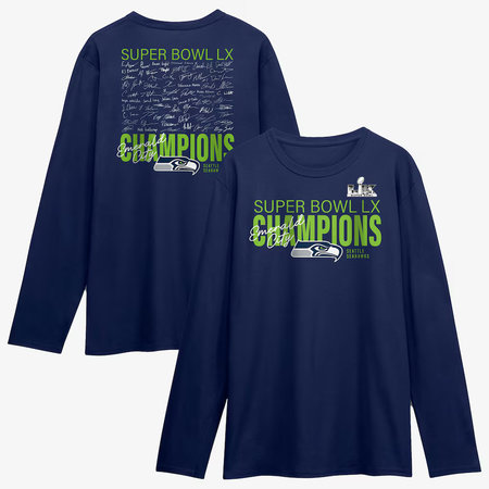 Men's Seattle Seahawks College Navy Super Bowl LX Champions Long Sleeve Roster T-Shirt