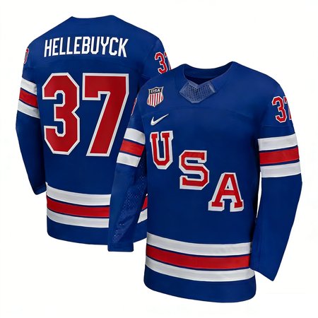Men's USA Hockey #37 Connor Hellebuyck Royal 2026 Home Replica Jersey