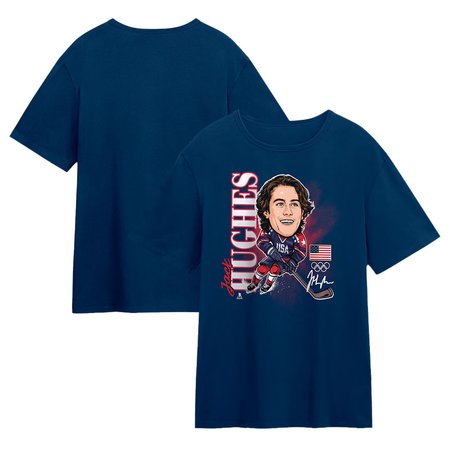 Men's Olympic Hockey Jack Hughes Navy Gold Medal Caricature T-Shirt