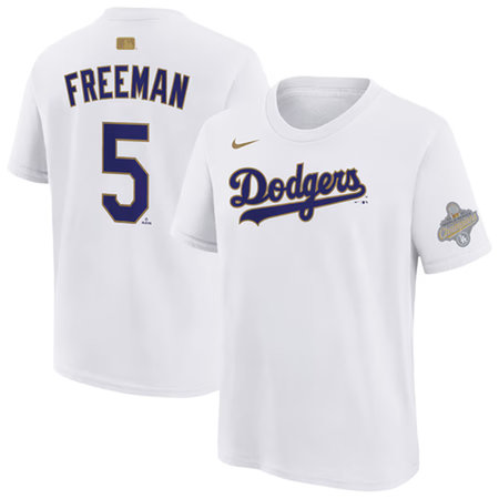 Men's Los Angeles Dodgers #5 Freddie Freeman Nike White 2026 Gold Collection Name & Number T-Shirt