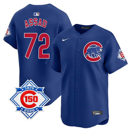 Men's Chicago Cubs #72 Javier Assad Royal Nike Alternate Vapor Limited 150th Anniversary Authentic Lettering Jersey