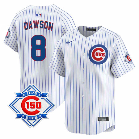Men's Chicago Cubs #8 Andre Dawson White Nike Home Vapor Limited 150th Anniversary Authentic Lettering Jersey