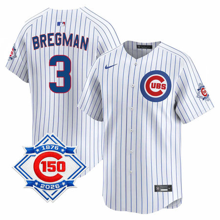 Youth Chicago Cubs #3 Alex Bregman White Nike Home Vapor Limited 150th Anniversary Authentic Lettering Jersey