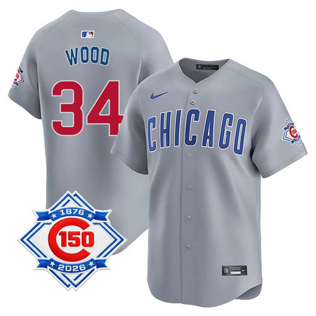 Men's Chicago Cubs #34 Kerry Wood Grey Nike Road Vapor Limited 150th Anniversary Authentic Lettering Jersey