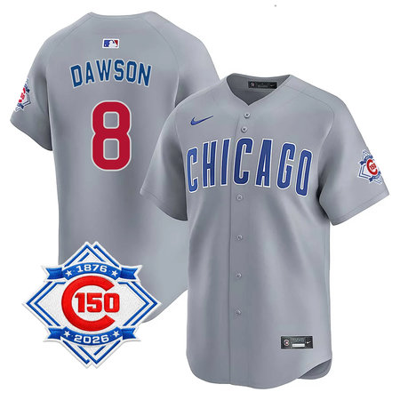 Men's Chicago Cubs #8 Andre Dawson Grey Nike Road Vapor Limited 150th Anniversary Authentic Lettering Jersey