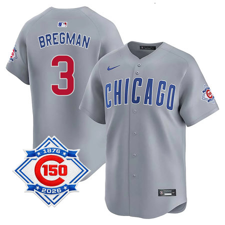 Youth Chicago Cubs #3 Alex Bregman Grey Nike Road Vapor Limited 150th Anniversary Authentic Lettering Jersey