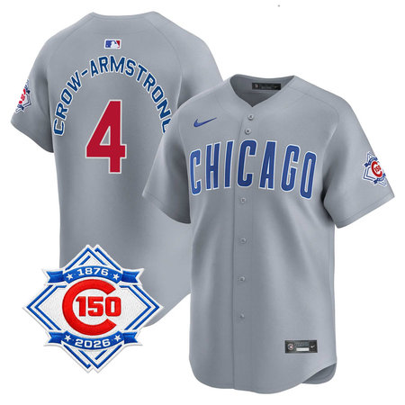 Men's Chicago Cubs #4 Pete Crow-Armstrong Grey Nike Road Vapor Limited 150th Anniversary Authentic Lettering Jersey