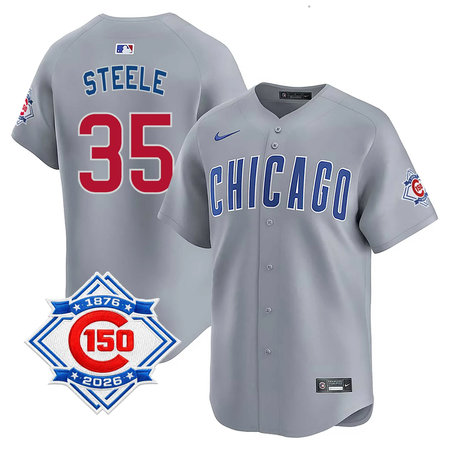 Men's Chicago Cubs #35 Justin Steele Grey Nike Road Vapor Limited 150th Anniversary Authentic Lettering Jersey