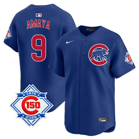 Youth Chicago Cubs #9 Miguel Amaya Royal Nike Alternate Vapor Limited 150th Anniversary Authentic Lettering Jersey