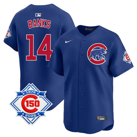 Youth Chicago Cubs #14 Ernie Banks Royal Nike Alternate Vapor Limited 150th Anniversary Authentic Lettering Jersey