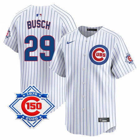 Men's Chicago Cubs #29 Michael Busch White Nike Home Vapor Limited 150th Anniversary Authentic Lettering Jersey