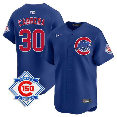 Men's Chicago Cubs #30 Edward Cabrera Royal Nike Alternate Vapor Limited 150th Anniversary Authentic Lettering Jersey