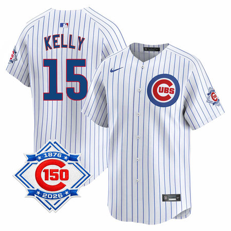 Youth Chicago Cubs #15 Carson Kelly White Nike Home Vapor Limited 150th Anniversary Authentic Lettering Jersey