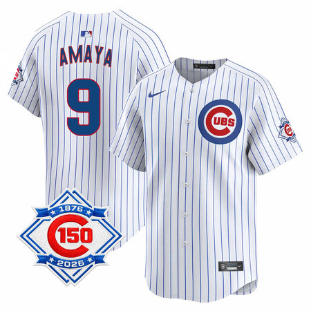 Men's Chicago Cubs #9 Miguel Amaya White Nike Home Vapor Limited 150th Anniversary Authentic Lettering Jersey