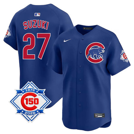 Men's Chicago Cubs #27 Seiya Suzuki Royal Nike Alternate Vapor Limited 150th Anniversary Authentic Lettering Jersey