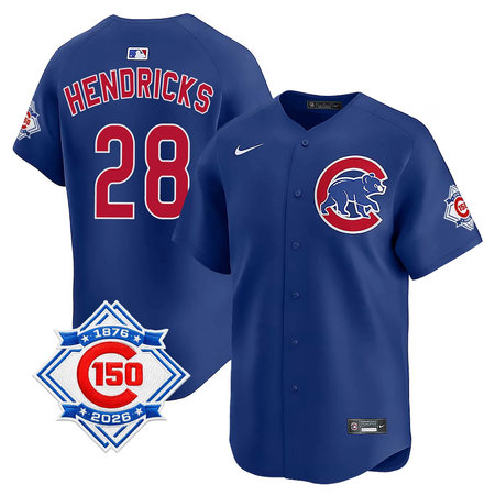 Men's Chicago Cubs #28 Kyle Hendricks Royal Nike Alternate Vapor Limited 150th Anniversary Authentic Lettering Jersey