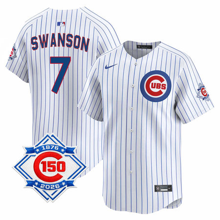 Men's Chicago Cubs #7 Dansby Swanson White Nike Home Vapor Limited 150th Anniversary Authentic Lettering Jersey