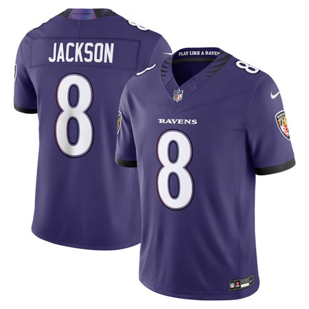 Men's Baltimore Ravens #8 Lamar Jackson Nike Purple Vapor F.U.S.E. Sewn Down Limited Jersey