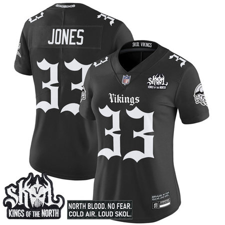 Women's Minnesota Vikings #33 Aaron Jones Black 2025 Kings of the North Patch "Gothic Norseblood Edition" Vapor Untouchable Limited Stitched Football Jersey
