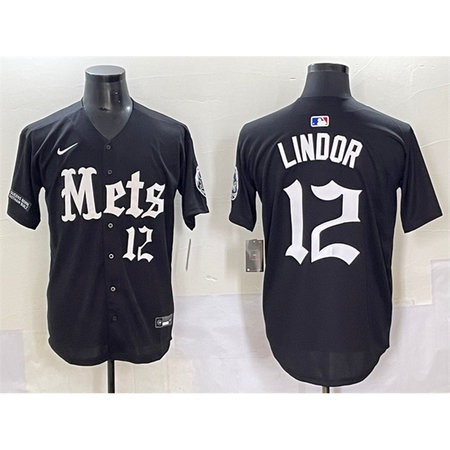 Men's New York Mets #12 Francisco Lindor Black "Gotham Gothic Edition" Vapor Premier Limited Stitched Baseball Jersey