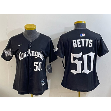 Women's Los Angeles Dodgers #50 Mookie Betts Black 2025 World Series Champions LA Gothic Edition Limited Stitched Baseball Jersey