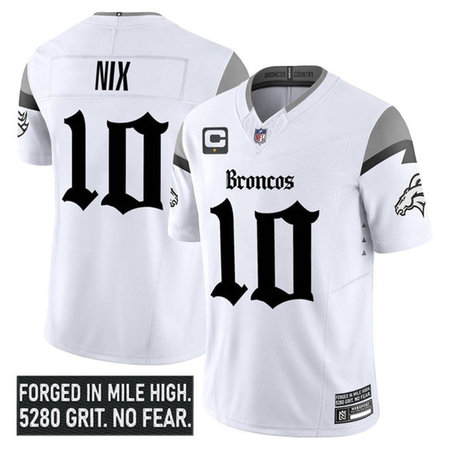 Men's Denver Broncos #10 Bo Nix White 2025 F.U.S.E. With 1-Star C Patch "Gothic Mile High Shadows Edition" Vapor Limited Stitched Football Jersey