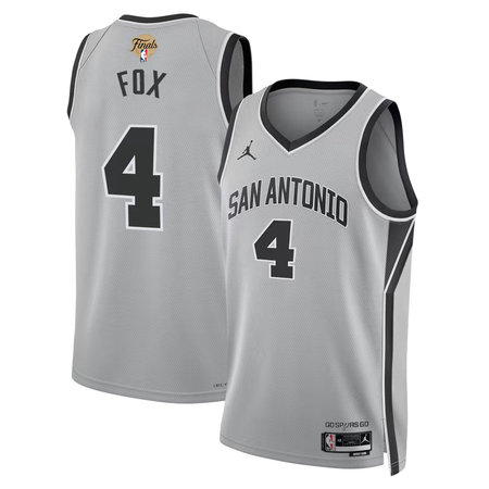 Men's San Antonio Spurs #4 De'Aaron Fox Silver 2026 NBA Finals Patch Swingman Statement Edition Jersey Men's San Antonio Spurs #4 De'Aaron Fox Silver 2026 NBA Finals Patch Swingman Statement Edition Jersey