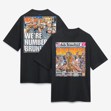 Men's New York Knicks x New York Post Black 2026 NBA Finals Champions Newspaper Cover Heavyweight T-Shirt Men's New York Knicks x New York Post Black 2026 NBA Finals Champions Newspaper Cover Heavyweight T-Shirt