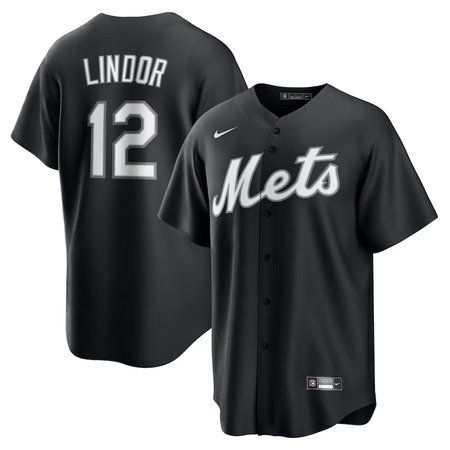 Men's New York Mets #12 Francisco Lindor Nike Black Lights Out Replica Player Jersey