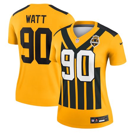 Women's Pittsburgh Steelers #90 T.J. Watt Gold Alternate 1933 Throwback Legend Player Performance Top