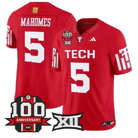 Men's Texas Tech Red Raiders #5 Patrick Mahomes Red Premier 100 Year Anniversary Football Jersey