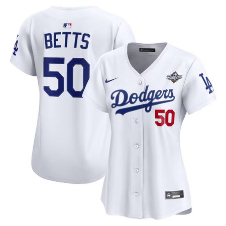 Women's Los Angeles Dodgers #50 Mookie Betts White 2025 World Series Home Limited Jersey