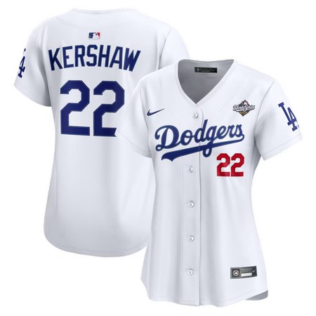 Women's Los Angeles Dodgers #22 Clayton Kershaw White 2025 World Series Home Limited Jersey