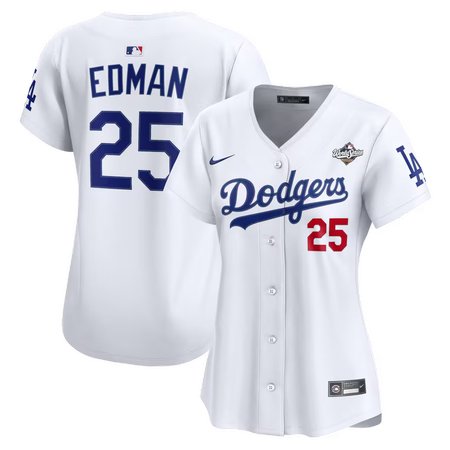 Women's Los Angeles Dodgers #25 Tommy Edman Nike White 2025 World Series Home Limited Jersey Women's Los Angeles Dodgers #25 Tommy Edman Nike White 2025 World Series Home Limited Jersey