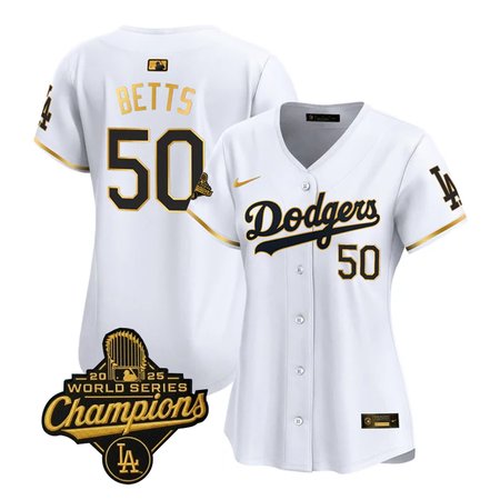 Women's Los Angeles Dodgers #50 Mookie Betts White Golden 2025 World Series Champions Home Limited Jersey