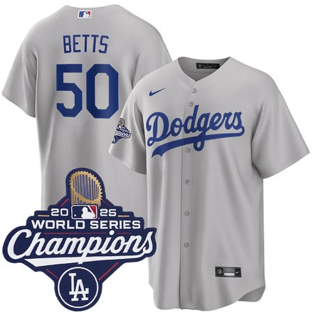 Youth Los Angeles Dodgers #50 Mookie Betts Gray 2025 World Series Champions Home Replica Jersey