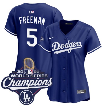 Women's Los Angeles Dodgers #5 Freddie Freeman Royal 2025 World Series Champions Home Replica Jersey