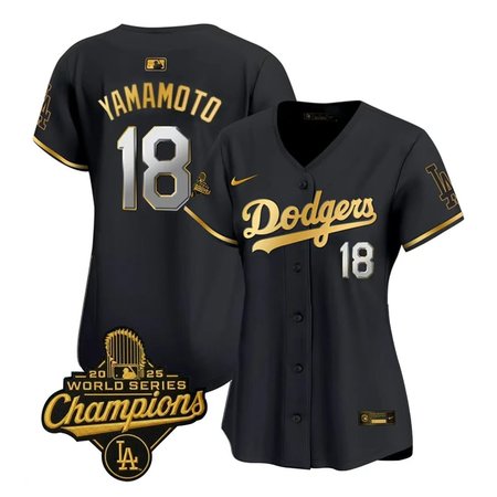 Women's Los Angeles Dodgers #18 Yoshinobu Yamamoto Black Golden 2025 World Series Champions Home Limited Jersey