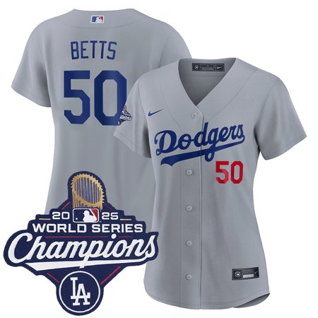Women's Los Angeles Dodgers #50 Mookie Betts Gray 2025 World Series Champions Home Limited Jersey