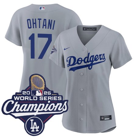 Women's Los Angeles Dodgers #17 Shohei Ohtani Gray 2025 World Series Champions Home Replica Jersey