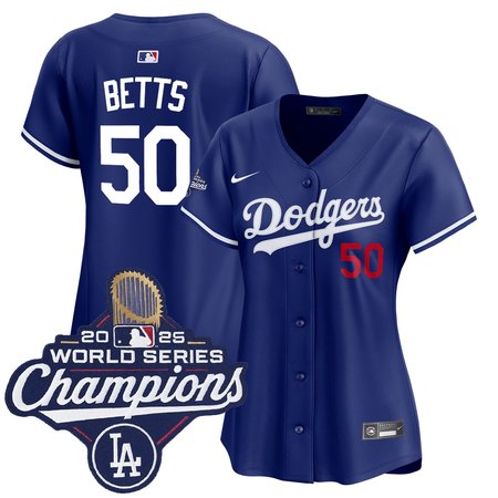 Women's Los Angeles Dodgers #50 Mookie Betts Royal 2025 World Series Champions Home Limited Jersey