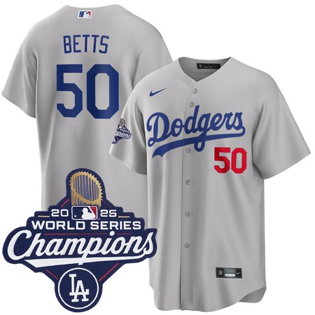 Youth Los Angeles Dodgers #50 Mookie Betts Gray 2025 World Series Champions Home Limited Jersey